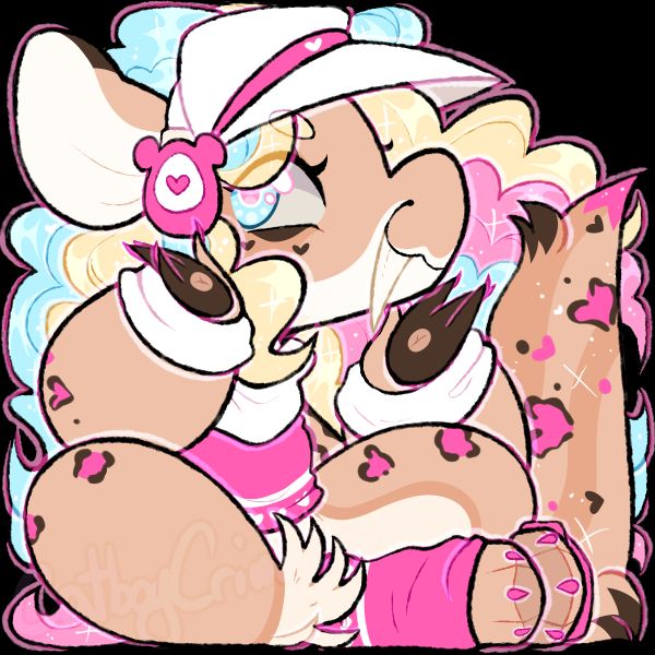 Barbie, the saber-toothed tiger fashion fishy griffolk, is framed within a square canvas.  She is sitting down with her legs tossed in front of her, the tips of her paws touching.  Her tail is propped up on the right side of the canvas.  She has both arms up to frame her face as she has a big cat-like grin on her face with her large tooth poking out.