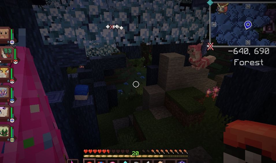 A minecraft screenshot of two minecraft pokemon, a shiny voltorb and shiny furret sitting on opposite ends of the terrain and staring at each other.  The voltorb is sitting in a tree while the furret is on a rock structure.
