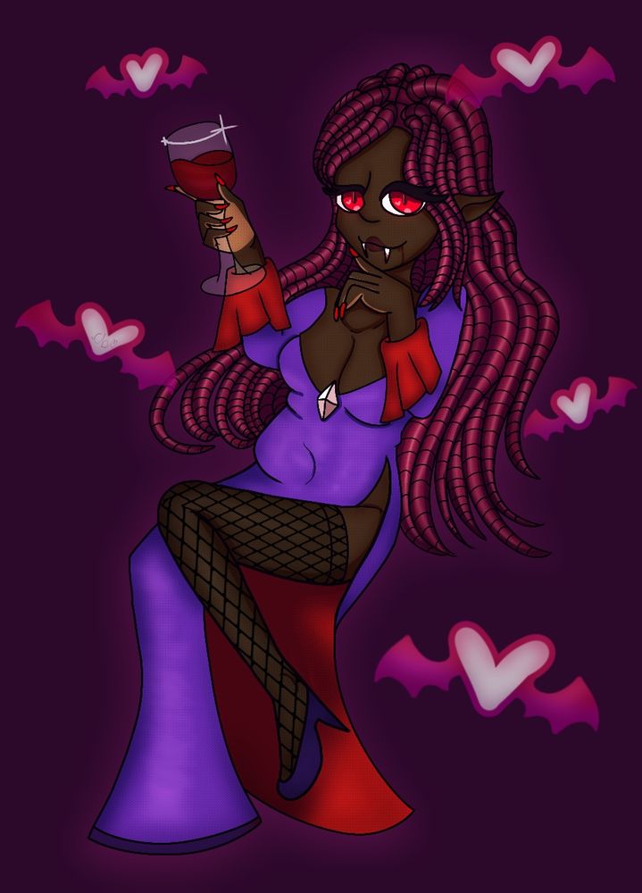 Vampire lady. Her cleavage is showing and she has one leg exposed. Is she drinking wine or human blood? We will never know.