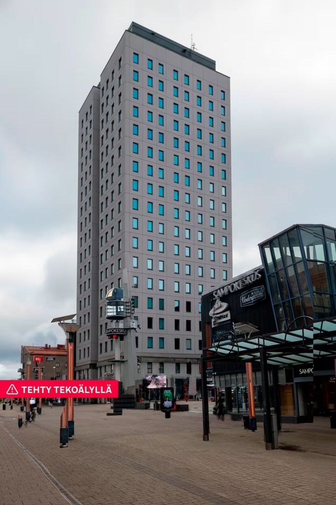 Tekoälyllä tehty havainnekuva Rovaniemen keskustaan suunnitellusta 16-kerroksisesta tornihotellista. Kuvan etualalla nykyisen torin maisemaa, jossa paljon tekoälyn tuottamia artefakteja eli virheitä. Kuvassa on selkeä ”Tehty tekoälyllä” -merkintä.