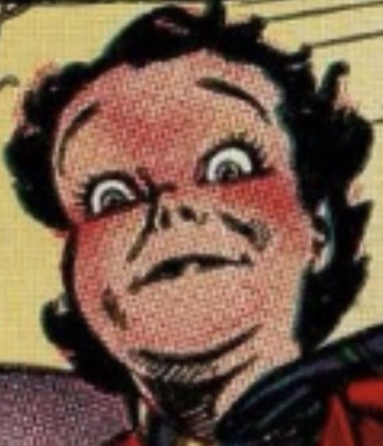 A woman's cartoon face done in mid 20th century style looks downward at the viewer with an ambiguously startled expression