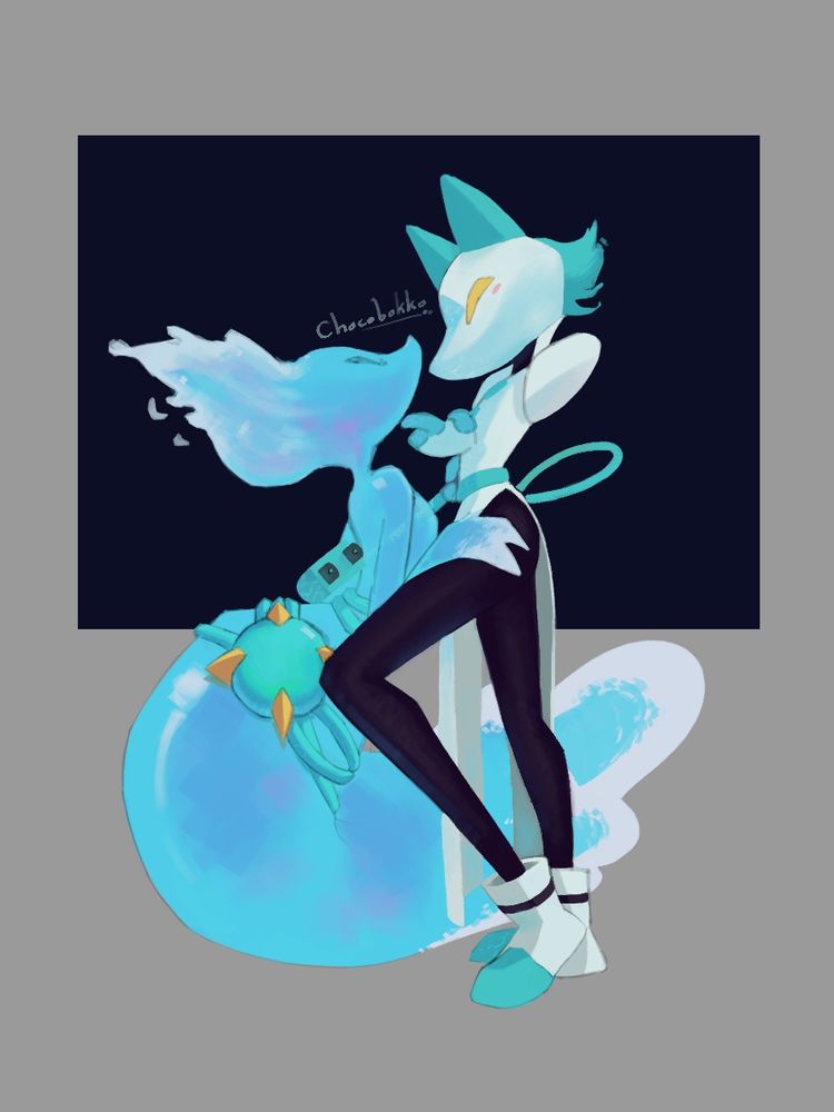Deltarune: Miss Mizzle water spirit and cat robot Tasque Manager. Tasque Manager is pulling Miss Mizzle in with her whip. Miss Mizzle has slight colors of pink on her as she tries to deny her gayness... 
A dark blue rectangle is in the background, framing their faces.