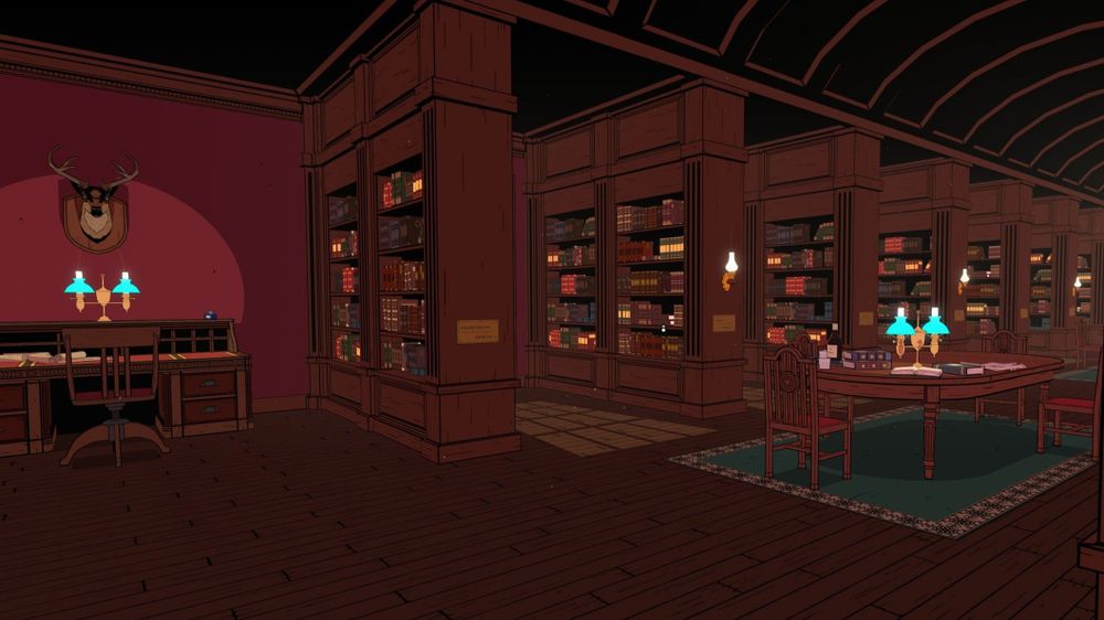 A screenshot of the Blake Manor library with many large wooden bookcases covering various topics for research