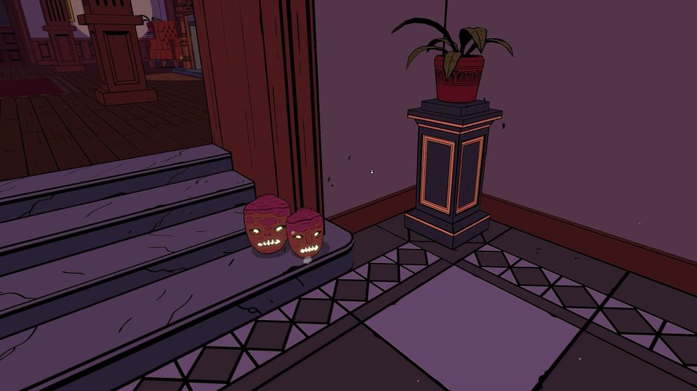 Two jack-o-lanterns made from turnips on the steps to the lobby in the Blake Manor hotel