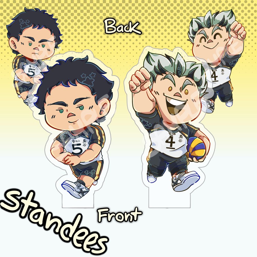 A listing for a product in my shop. It's 2 standees with characters from the anime  Haikyuu!!: Bokuto and Akaashi.