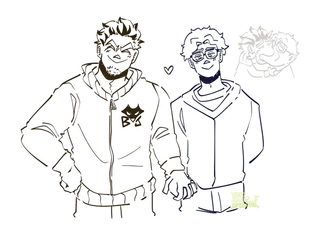 A digital drawing of Bokuto Koutarou and Akaashi Keiji from haikyuu!! they are holding hands while smiling. in the top right corner there is a faded picture of them sloppily kissing.