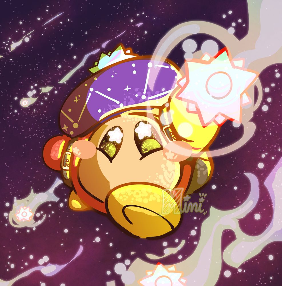 A digital drawing of Astronomer Waddle Dee from the dlc for the switch 2 of Kirby and the Forgotten Land: Star-crossed World. The drawing is set in space and Astronomer Waddle Dee is catching a shooting star with their hand. They look very happy.