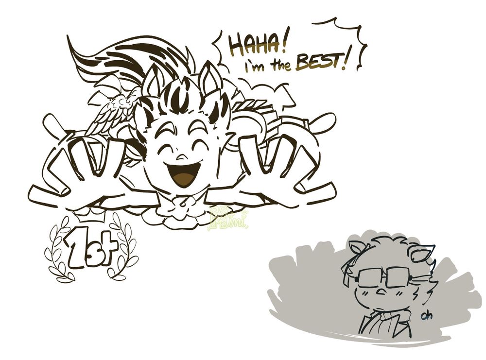 A digital drawing of Bokuto and Akaashi from Haikyuu!! In my Uma Musume: Pretty Derby AU. This doodle is inspired by Gold Ship's winning animation where she kicks the player.