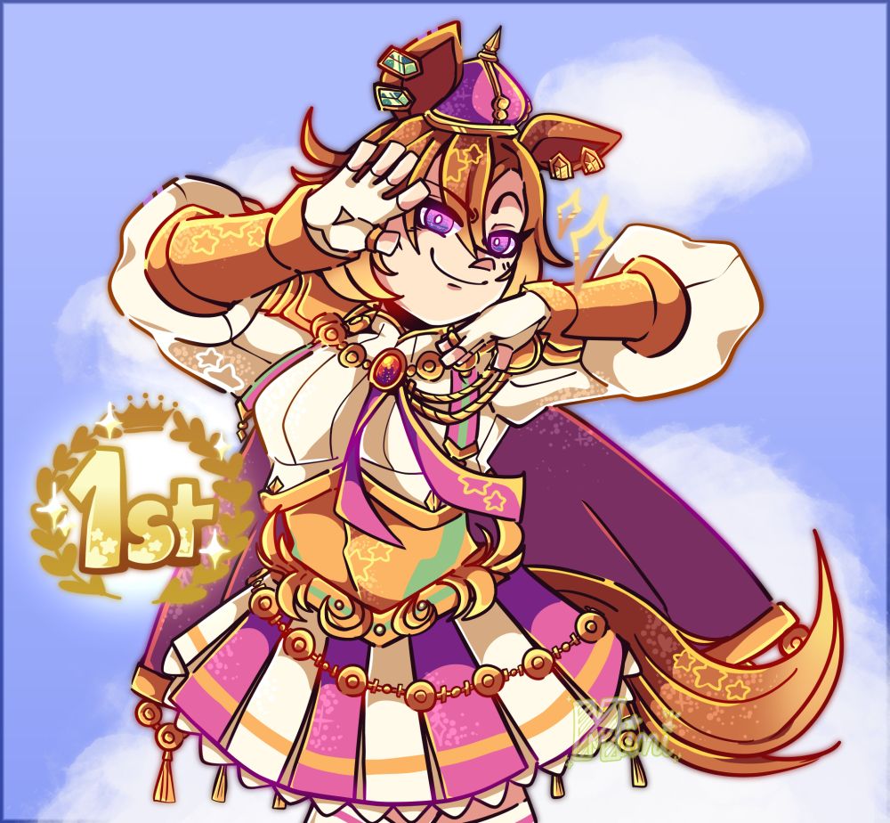 A digital drawing of T. M. Opera O from Uma Musume: Pretty Derby. She is doing a jojo pose, specifically, one of Josuke's. Next to her there is a text written: "1st".