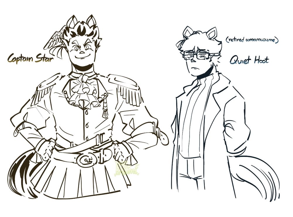 A digital drawing of Bokuto Koutarou and Akaashi Keiji from Haikyuu!! It's a crossover doodle with the game Uma Musume: Pretty Derby where they are both umamusume. The text next to Bokuto reads "Captain Star" which is her changed name for this AU. The text next to Akaashi reads "(retired umamusume) Quiet Hoot" which is her changed name for this AU.
