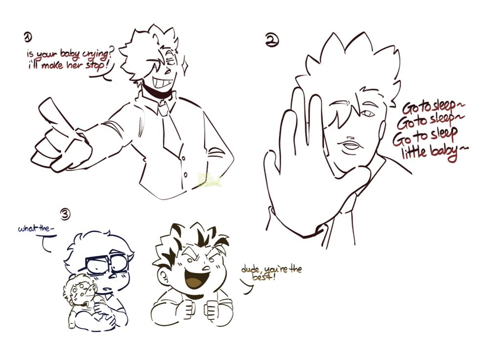 Some digital doodles of Bokuto Koutarou, Akaashi Keiji, Kuroo Testurou and a fankid character named Hoshi. It's in a comic format with text that reads, in order- Kuroo: "is your baby crying? I'll make her stop!" Kuroo: "Go to sleep~ go to sleep~ go to sleep little baby~" Akaashi: "what the-" Bokuto: "dude, you're the best!".