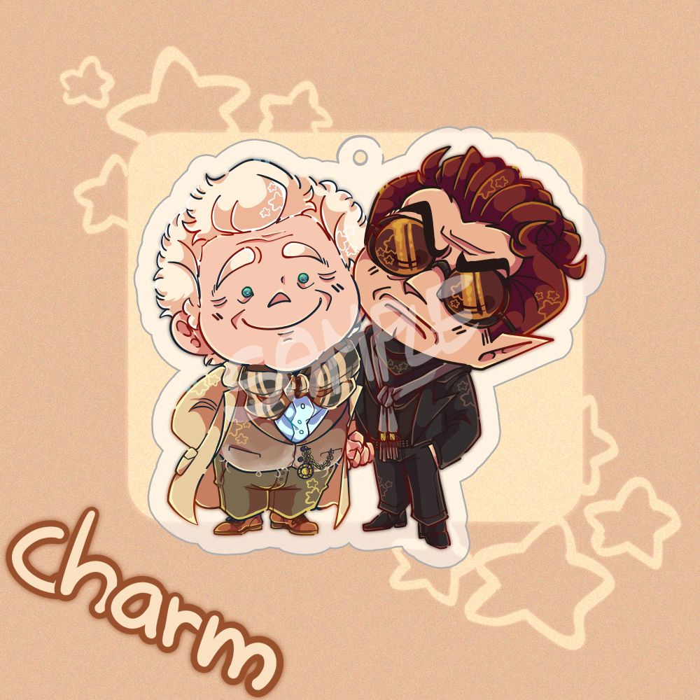 A listing for a product in my shop. It's a charm with Aziraphale and Crowley from Good Omens.