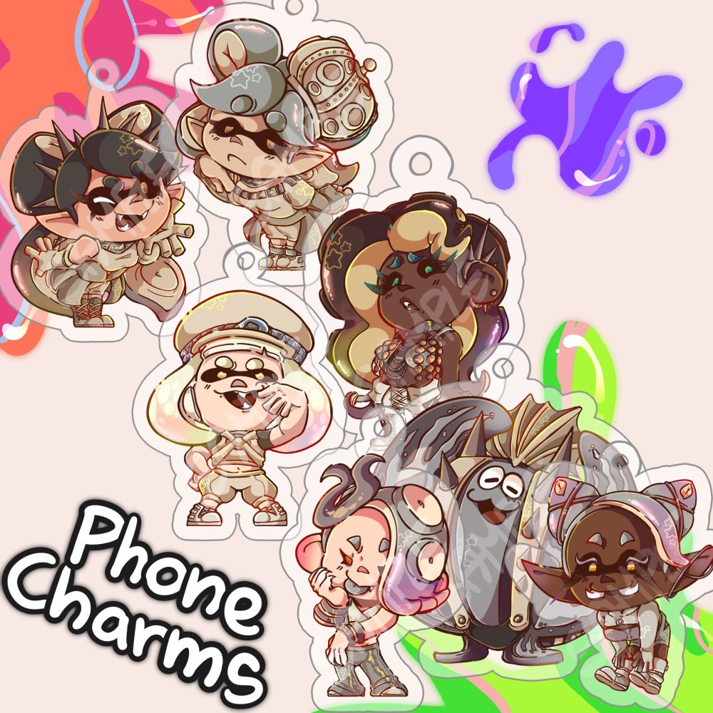 A listing for a product in my shop. It's a series of phone charms of every idol group from splatoon: Squid Sisters, Off the Hook and Deep Cut; they are all in their grand festival outfits.