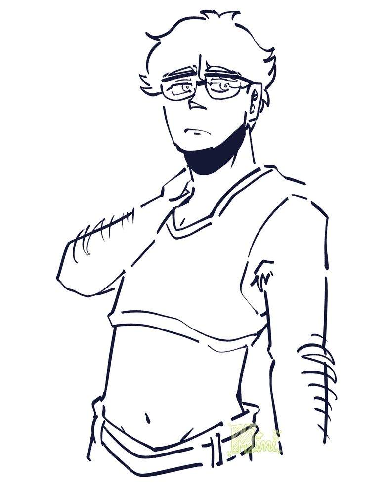A digital drawing of Akaashi Keiji from Haikyuu!! He is wearing a binder while looking to the right with one hand on his neck.