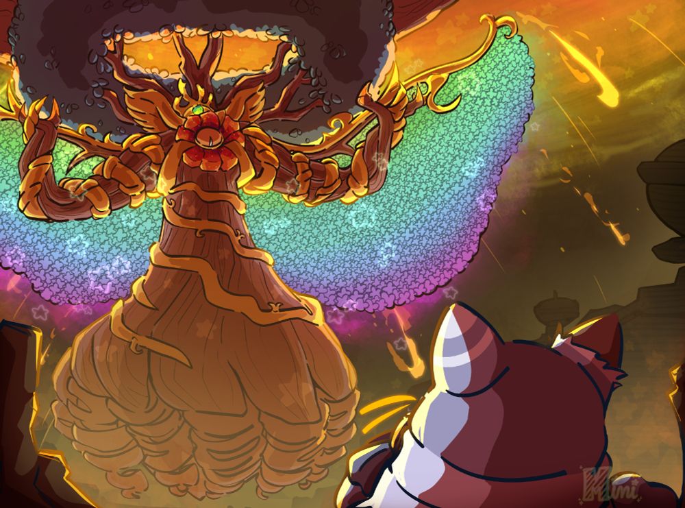 A digital drawing of Magolor and Mistilteinn from Kirby's Return To Dreamland Deluxe. The art is set during the final boss fight of Magolor Epilogue. On the foreground (right), Magolor is standing with back facing the person viewing the picture, looking at Mistilteinn (left) in the background; the latter floating ominously looking right back at Magolor.