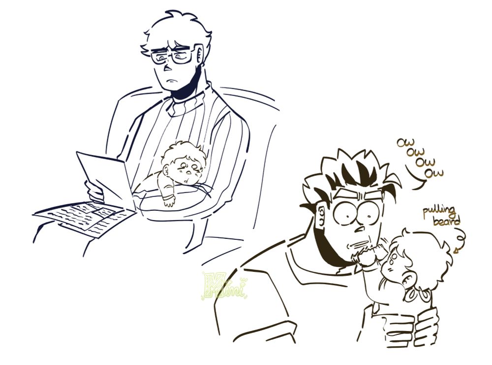 A couple of digital doodles of Bokuto Koutarou, Akaashi Keiji and a fankid character named Hoshi. On the bottom left doodle, Hoshi is pulling at Bokuto's beard while Bokuto says "ow ow ow ow".