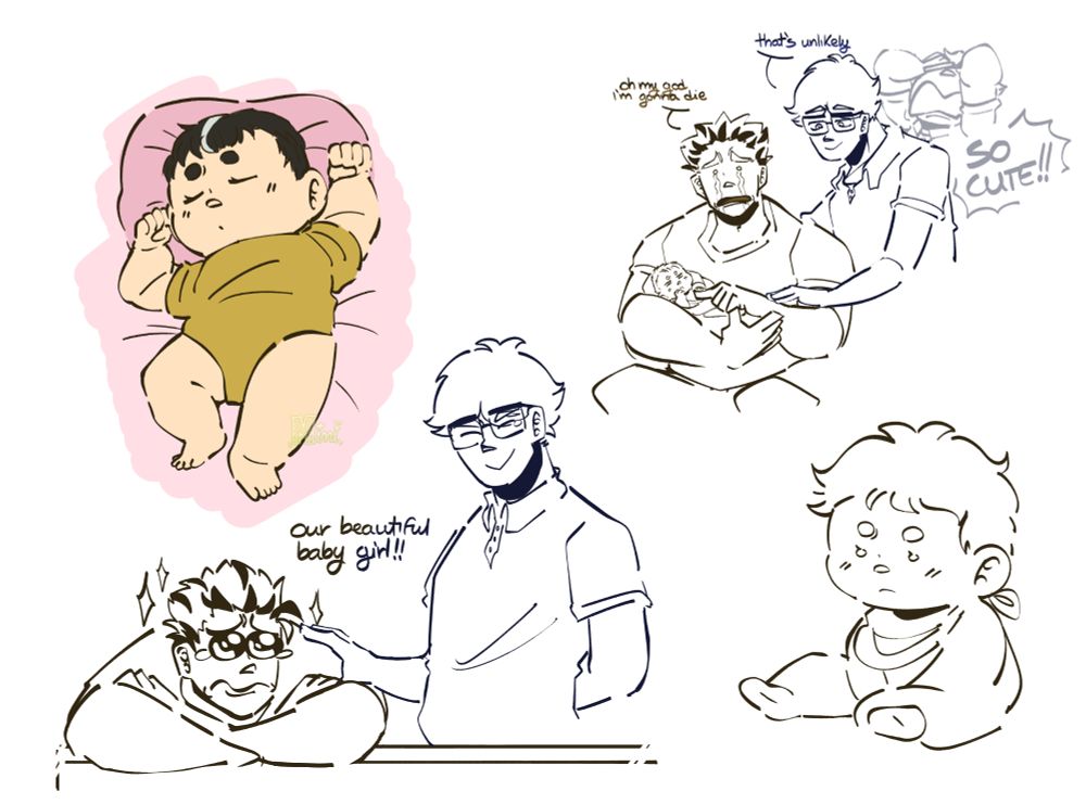 Some digital doodles of Bokuto Koutarou, Akaashi Keiji and a fankid character named Hoshi. The doodle on the top right reads- Bokuto "oh my god I'm gonna die", Akaashi: "that's unlikely" "SO CUTE". The doodle on the bottom left reads: "our beautiful baby girl".