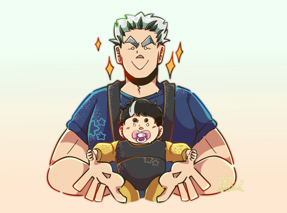 A digital drawing of Bokuto Koutarou and a fankid character named Hoshi. They are both looking at the person viewing the image. Bokuto is carrying Hoshi on a sling wrap, while she is holding his thumbs.