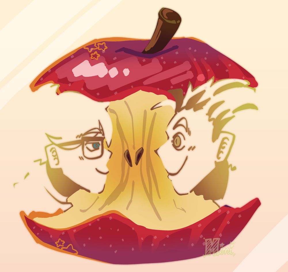 A digital drawing of Bokuto Koutarou and Akaashi Keiji from Haikyuu!! It's the apple trend recently going around, with each character's profile on the sides of the eaten apple.