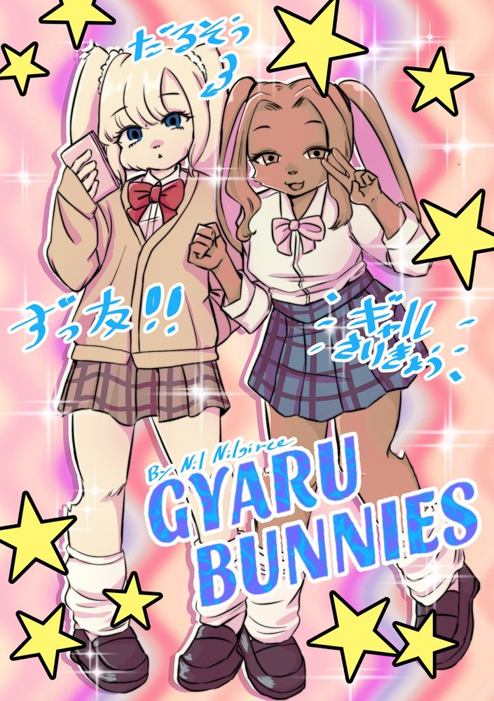 Two furry bunny girls dressed in gyaru fashion with purikura Photo Booth style stickers and text around them