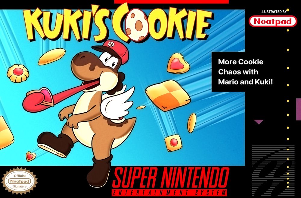 A boxart mockup of a made-up SNES game called Kuki's Cookie. It's inspired by the boxart of Yoshi's Cookie, but instead, the character is replaced with Kuki, a chocolate-themed Yoshi character with a red delivery hat and some wings.
Kuki is seen on the boxart reaching for a cookie with her tongue, with the background full of different cookies flying around. The tagline on the right side of the art piece says "More Cookie Chaos with Mario and Kuki!"