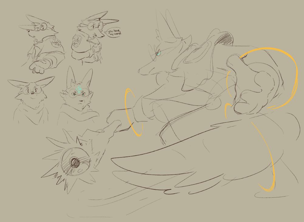 A bunch of digital sketches of a mage foxfolk. The main one on the left shows this mage leaning forward and holding his ground for a fight. There are yellow rings floating around his wrists and tail, and he's holding a staff in front of him. The rest are scribbles showing his easygoing and kind nature. There are a couple of sketches showing the comparison of his face under normal circumstances and a more determined look, where the latter has a glowing sigil on his forehead and his irises have a small cyan glow to them.