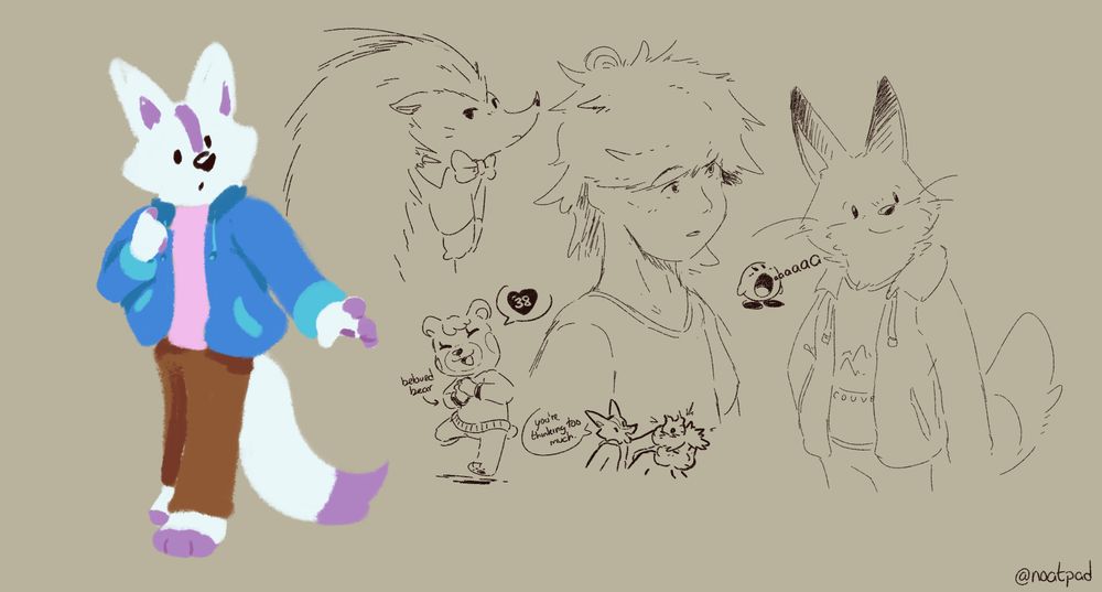 A bunch of digital scribbles together. Note, a fox with a few purple patches is on the left in a fuzzy, lineless style. Continuing from the left, there are colorless doodles of a hedgehog with a bowtie, Maple from Animal Crossing skipping in glee, a very simple self-portrait looking to the side, a small doodle of Note smacking that portrait on the head, and a simple fox looking forward and smiling.