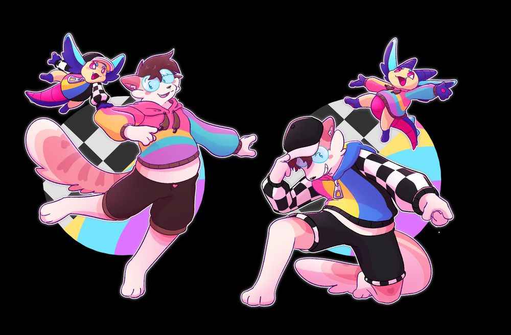 Two drawings, side-by-side, featuring Kat's and Sye's characters. On the left is them in their intended designs. Sye, a small dragon of vibrant purple, blue, and pink colors with a CMYK-inspired jacket and hat, is jumping alongside the arm of Kat, a larger, slightly chubbier, pink cat with a lighter yet still colorful hoodie, who is also jumping forward with a smile.
On the right are these characters again, but this time with their outfits swapped. Kat is kneeling down and forward with a more sly look and pointing forward, and now Sye is the one jumping with glee and arms spread out behind her.