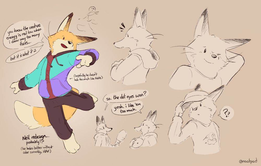 Some digital sketches of an early redesign of a fox character named Neil. He's hopping forward with a smile, though making a self-jab that he's drawing too many foxes due to low creativity.