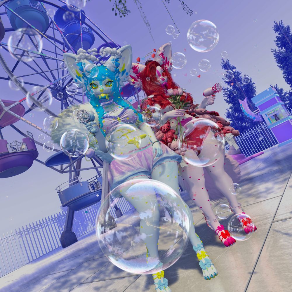 Secondlife avatars! Two furry anthropomorphic fox girls with bubble guns in a purple hazy atmosphere! A swirl of bubbles surrounds them! They're posing beside a ferris wheel, with a ticket booth seen behind them. One fox girl is light blue with dark blue hair and yellow accents, the other is light pink with red hair and dark pink accents! 