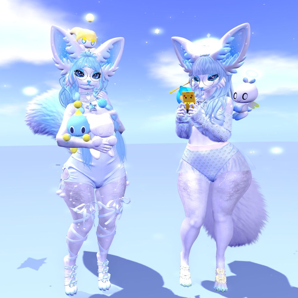Both my fursonas! Two grey white and blue anthropomorphic fox girls! They're holding chao , one is playing the Gameboy advance!