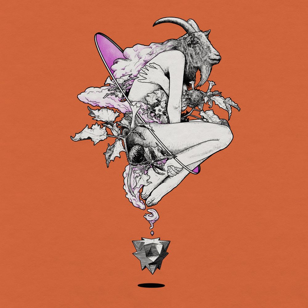 An black and white Illustration of a nude young woman with goats head and angled legs who floats above a geometrical object. She is adorned by angel trumpet plants. The drawing is set before an orange background.