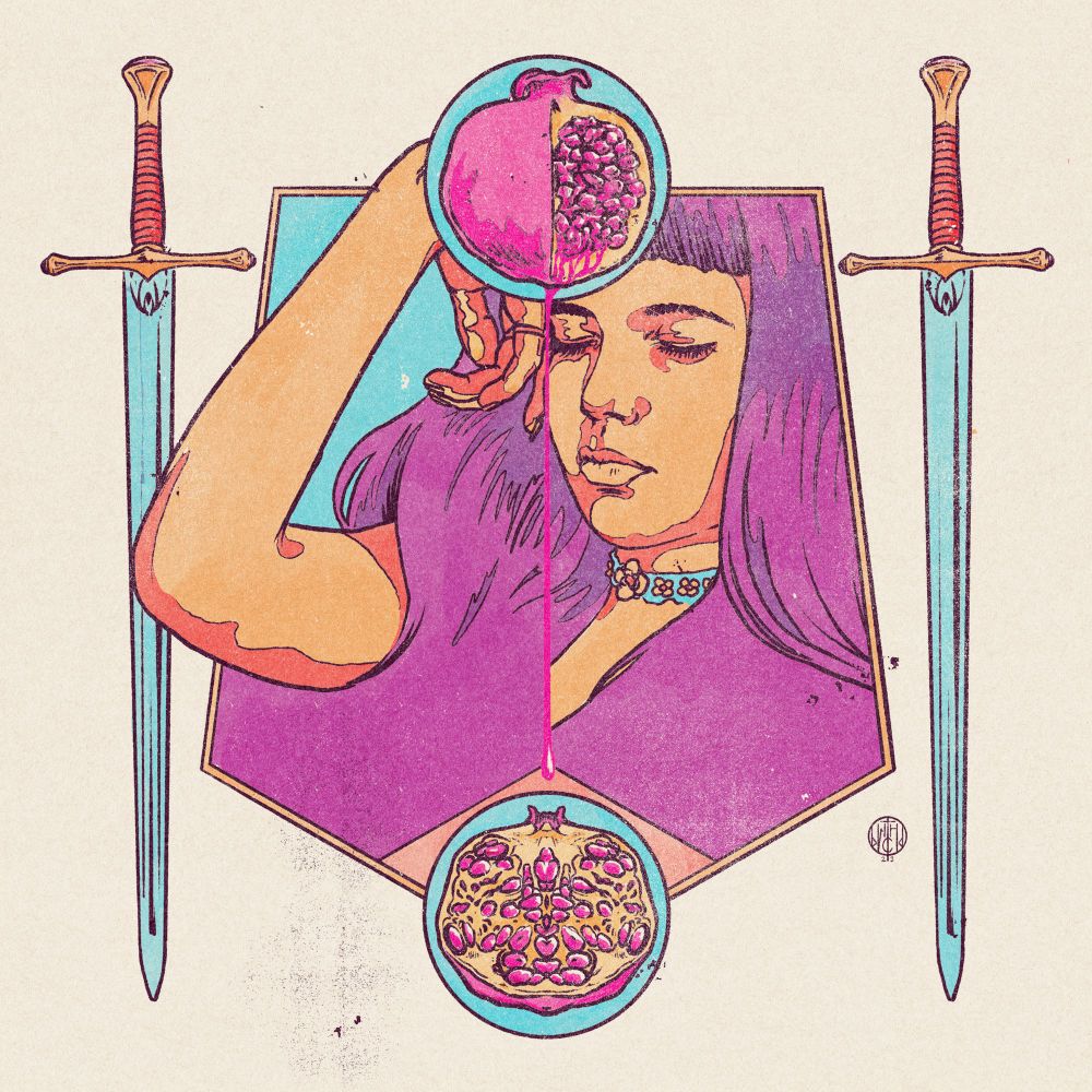 Illustration of a girl with long hair and closed eyes, resting her head on her right Hand. At the top is a pomegranate with a quarter cut out and juice drippibg from the cut. Below is a pomegranate that is cut in half. Swords are depicted to her left and right side. The whole Illustration has a grungy Retro texture and look. 