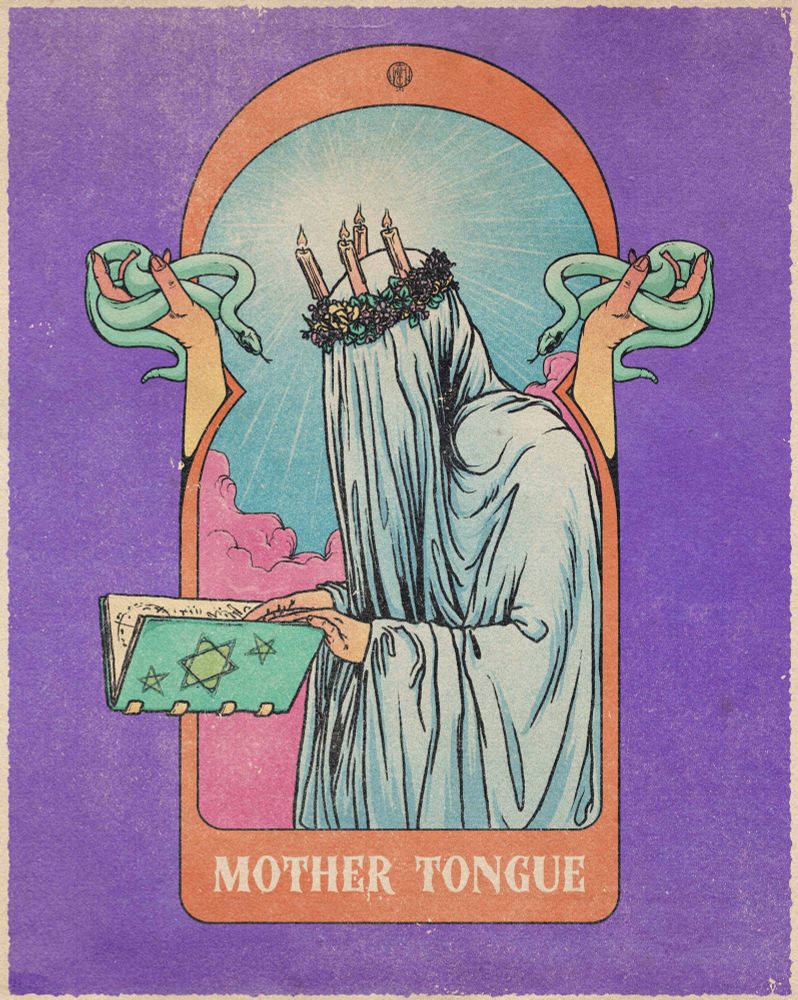 Illustration of a sorceress reading from a book that flows in the air in Front of her. She‘s wearing a crown made of flowers and four burning candles and her head, face and body are wrapped in a white robe. She stands in a windowlike frame. Hands holding a snake come out of the frame on the left and right side. „Mother Tongue‘ is written below the frame.
