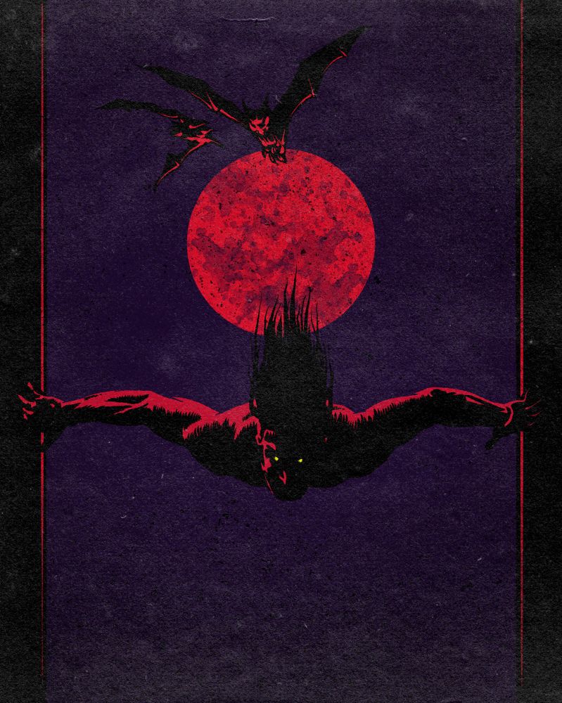 Illustration of a Vampir with yellow glowing eyes and ooen arms flying towards the viewer. His shadowy Silhouette is illuminated from the back by a bright red Moon hanging in a deep dark purple sky. Two bats fly with him.