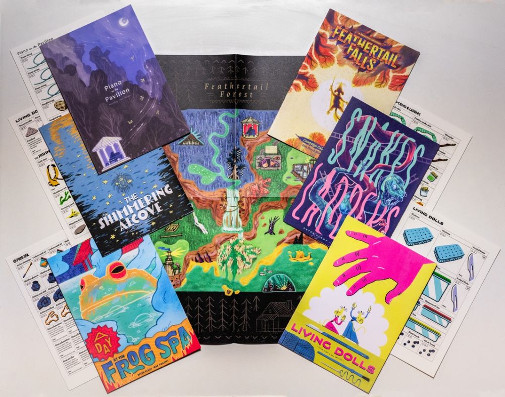 Feathertail Falls adventure pamphlets, poster and item cards.