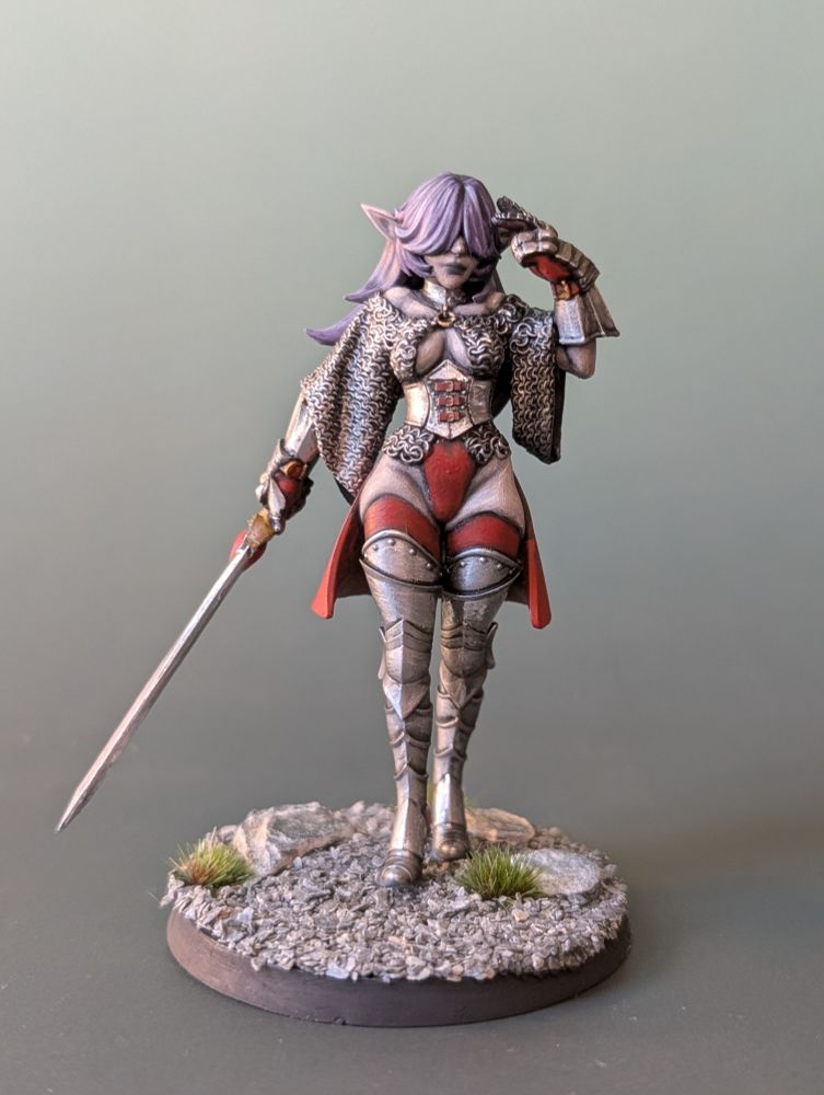 An eleven duelist wearing chainmail carrying a shiny sword.