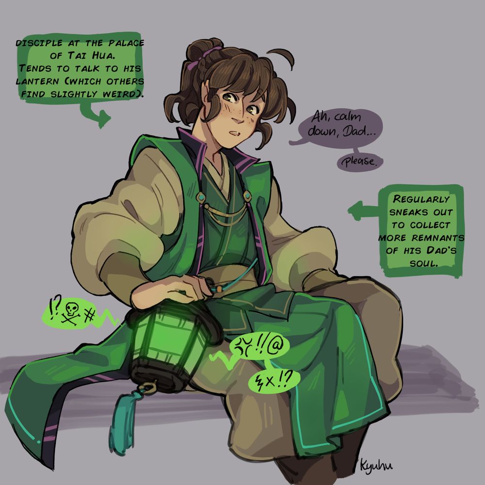 Illustration of a grown up design of Gu Zi from heaven officials blessing. He's dressed in green robes and has a green lantern tied to his belt.  