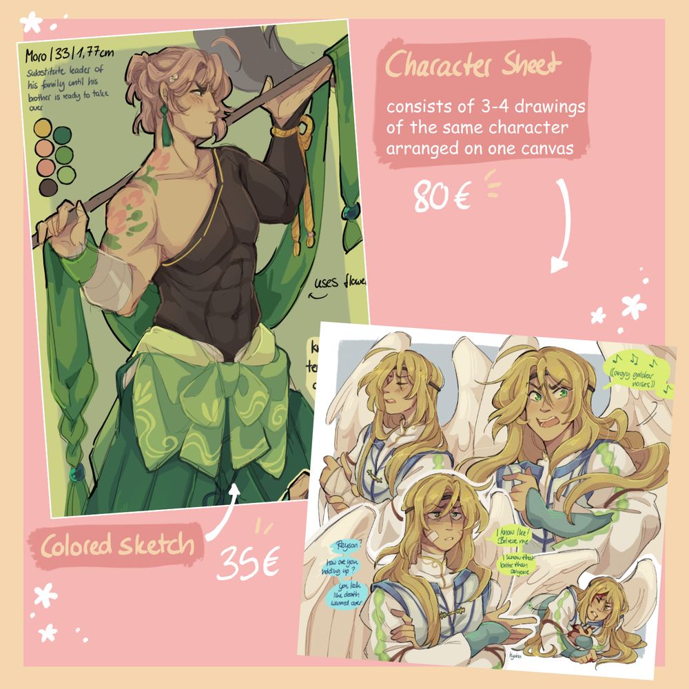 Commission sheet providing information about prices and options. It shows an example of a colored sketch commission that costs 35€ and a Character sheet commission that consists of 3-4 drawings of the same Character arranged on one canvas, which costs 80€