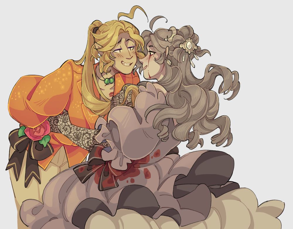 colored halfbody illustration of my OCs Sunny and Moona. Sunny, who has long blonde hair pulled up to a ponytail and wears a bright orange shirt, is leaning foward with a grin while Moona, who has long curly greyish hair and wears a frilly ballgown type of dress, faces Sunny. She holds his hair with one hand and his waist with the other.