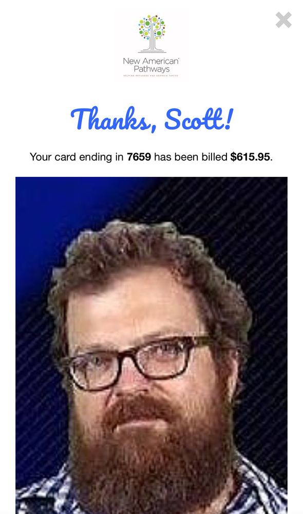 Receipt showing $615.95 donation with Bum Chillups confirmation photo