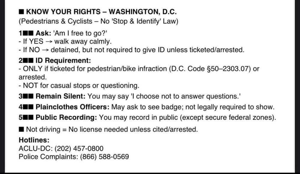 A flyer titled "KNOW YOUR RIGHTS – WASHINGTON, D.C." outlining rights for pedestrians and cyclists regarding interactions with law enforcement, including guidelines on asking about freedom to leave, ID requirements, the right to remain silent, how to engage with plain