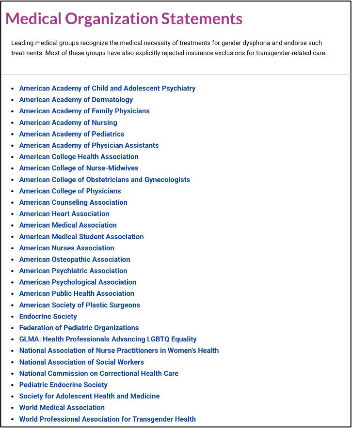 Medical Organization Statements
Leading medical groups recognize the medical necessity of treatments for gender dysphoria and endorse such treatments. Most of these groups have also explicitly rejected insurance exclusions for transgender related care.
• American Academy of Child and Adolescent Psychiatry
• American Academy of Dermatology
• American Academy of Family Physicians
• American Academy of Nursing
• American Academy of Pediatrics
• American Academy of Physician Assistants
• American College Health Association
• American College of Nurse-Midwives
• American College of Obstetricians and Gynecologists
• American College of Physicians
• American Counseling Association
• American Heart Association
• American Medical Association
• American Medical Student Association
• American Nurses Association
• American Osteopathic Association
• American Psychiatric Association
• American Psychological Association
• American Public Health Association
• American Society of Plastic Surgeons
• Endocrine Society
• Federation of Pediatric Organizations
• GLMA: Health Professionals Advancing LGBTQ Equality
• National Association of Nurse Practitioners in Women's Health
• National Association of Social Workers
• National Commission on Correctional Health Care
• Pediatric Endocrine Society
• Society for Adolescent Health and Medicine
• World Medical Association
• World Professional Association for Transgender Health