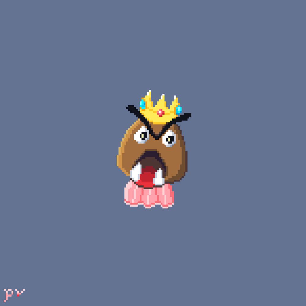 pixel art of princess peach but her body is that of a goomba. she’s got an open mouthed flabbergasted look on her face. she’s wearing her crown and dress