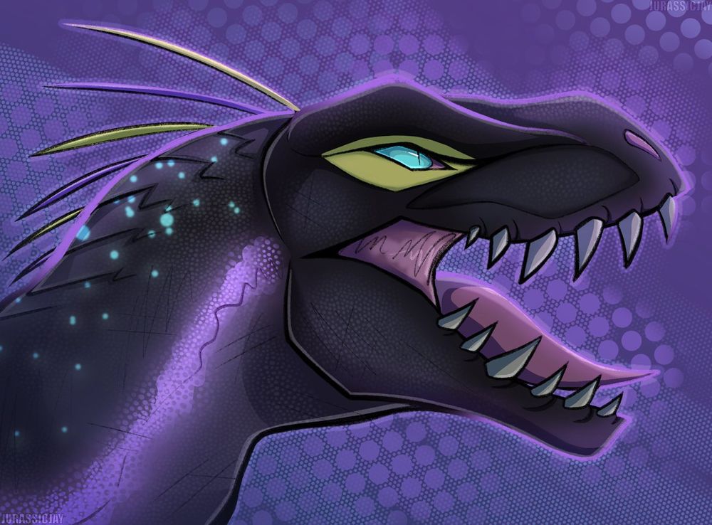 Jurassic Jay's piece of an indoraptor, made during Art Fight. The purple outlines around the head really add to the vibe.