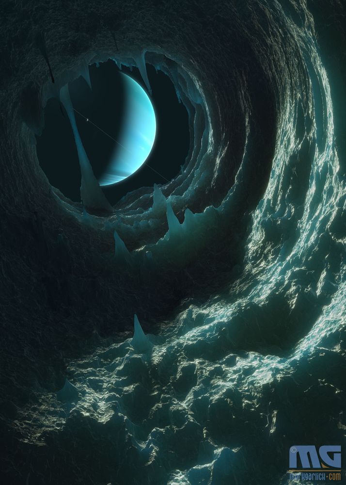 Uranus seen from a cave of one of its moons, Ariel.