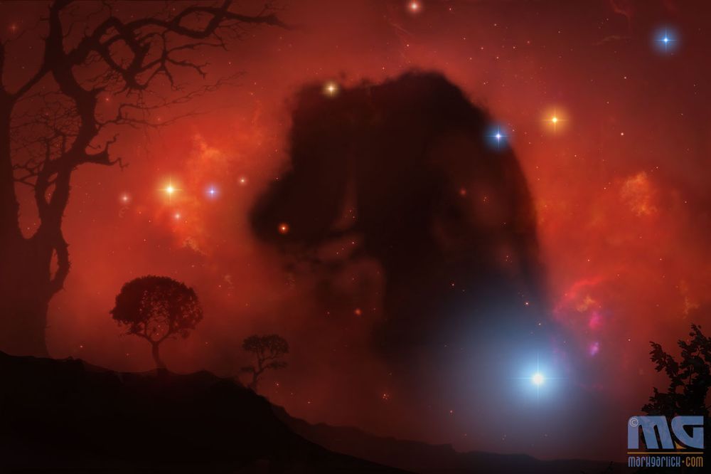 Whimsical artwork showing B33 (the Horshead Nebula) seen from a nearby planet.