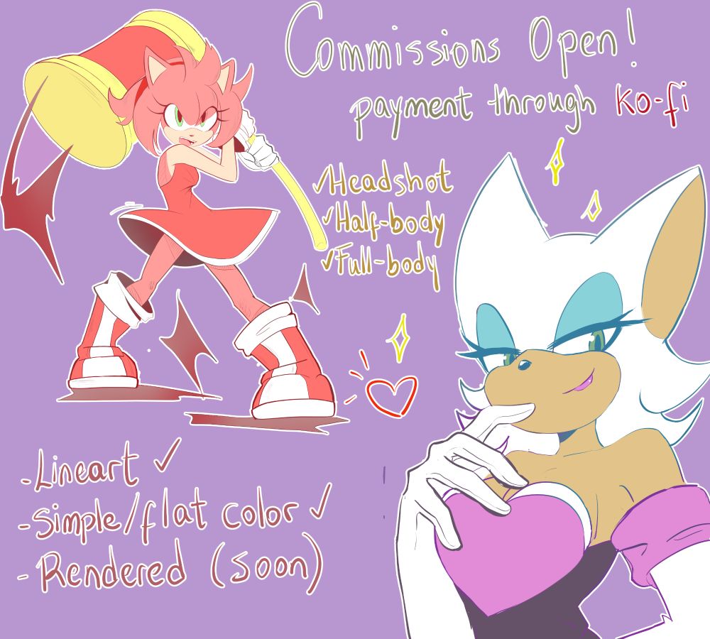 Commissions Open! Payment through Ko-Fi.

I Do:
- Headshot
- Half-Body
-Full-Body

Lineart and Simple/Flat Color Accepted. (Rendered Art in the future)