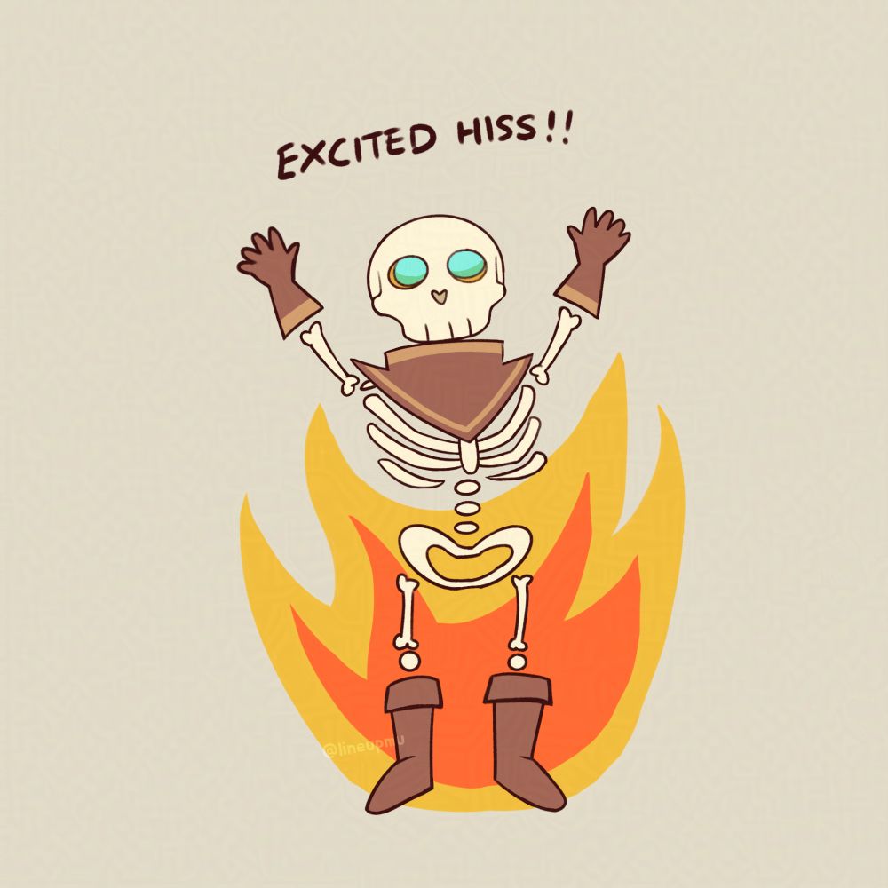 Manfred raises his arms up in the air with an excited hiss, while a somewhat big fire rages on behind him. It's similar to the Elmo meme.