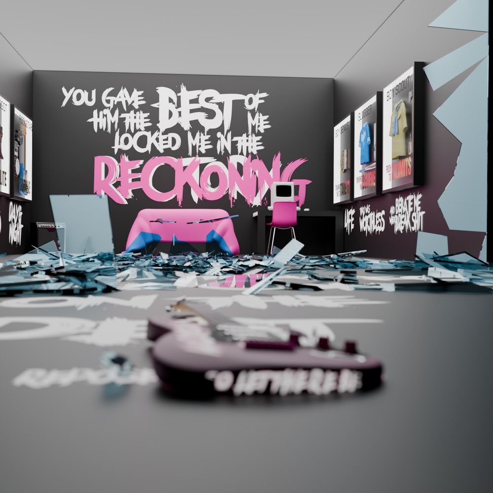 A 3D rendering of a room of a bedroom covered in broken glass. The bedroom has black walls covered in display cases and white painted text, which is difficult to read from the low angle.

Along the back wall, the words "YOU GAVE HIM THE BEST OF ME, LOCKED ME IN THE RECTORY" are scrawled in white paint. The word "RECKONING" has been painted overtop of "RECTORY" in pink paint. 

There is more text written on the floor outside the room, again in white paint, but it is also hard to read. 

In the foreground of the image, a pink electric guitar sits on directly on the floor, though it is out-of-focus and hard to make out the details. On the bottom of the guitar is written the phrase "SO LET THERE BE A."

